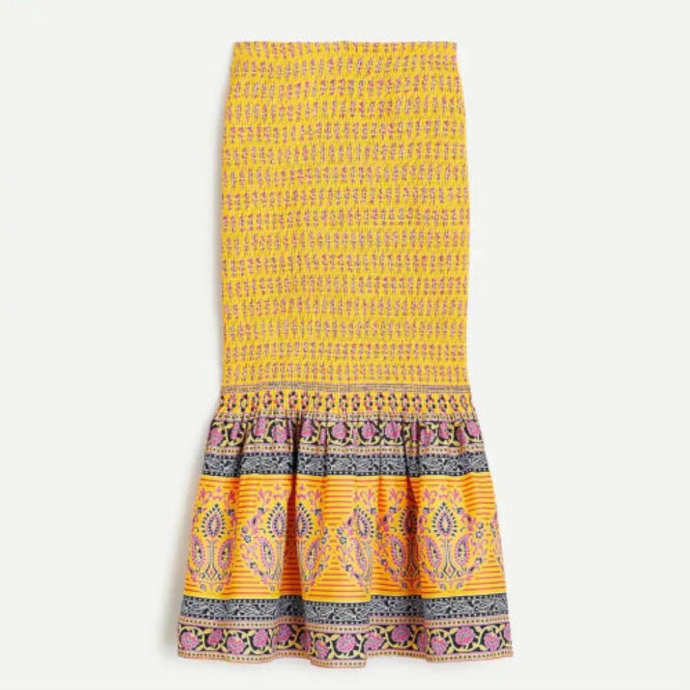 NWT J Crew Women Midi Smocked Skirt In Sunny Block Print sz 6 $148.00 AO823